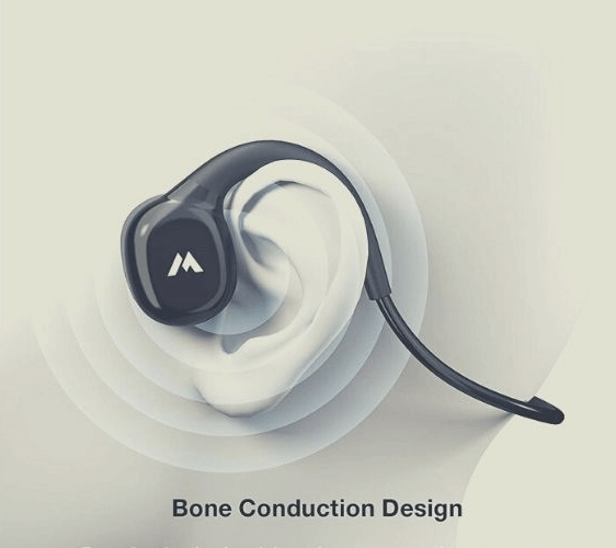 a picture showing a moing bone-conducting headset in action, as it wraps over the ear