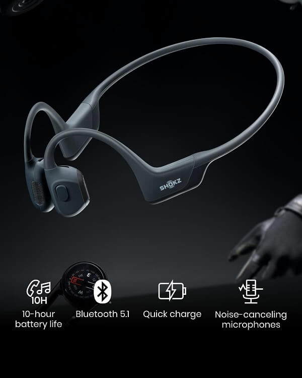 shokz openrun pro with 10 hours of battery life and quick charge, with wireless Bluetooth 5.1 and noise-canceling microphones