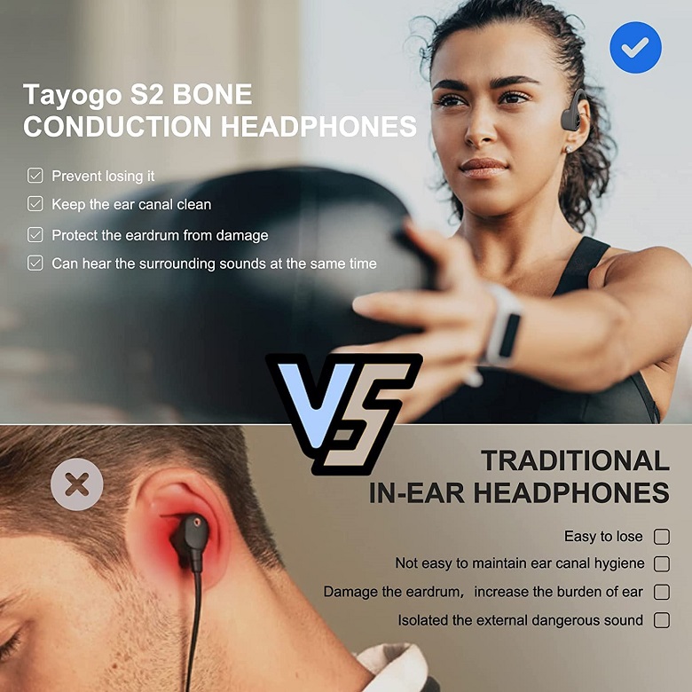 a picture comparing the benefits of the tayogo s2 bone conduction headphones against traditional in-ear headphones