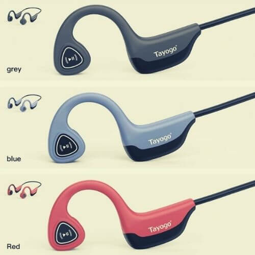 a picture showing the three colors of the tayogo bone conduction S2 wireless headset, which are blue, grey and red