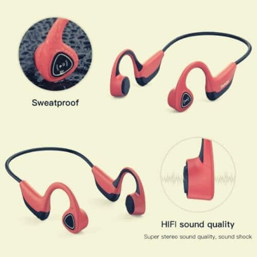 the S2 wireless tayogo bone conducting headphone, demonstrating it is sweat proof, and reproduces a super stereo sound quality