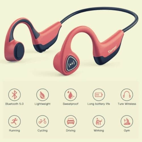the tayogo bone conduction s2 headphone showing the features of bluetooth v5.0, lightweight, sweat proof, long battery life and true wireless. As well as the applications of where to use the headset, such as running, cycling, driving, working and at the gym.