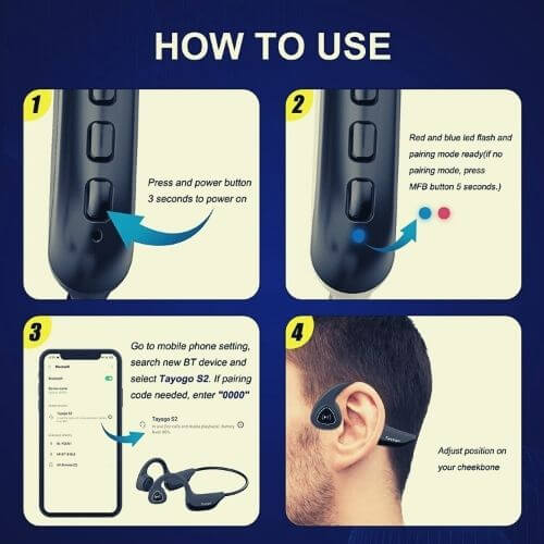 a picture showing step by step how to pair the tayogo headphone s2 with a smart phone
