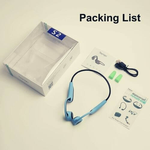 A picture showing the delivery package box of the S2 Tayogo headphone. When you open the box, you’ll find 1 Blue Tayogo S2 headset, 1 black micro-USB charging cable, 1 instruction manual (in English and Chinese), and 1 pair of accessory earplugs and a small brochure containing details of other tayogo headphones and mp3 player products
