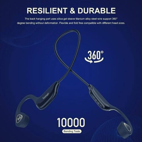 a picture demonstrating that the back bands of the tayogo headphones are resilient and durable even to extreme bending