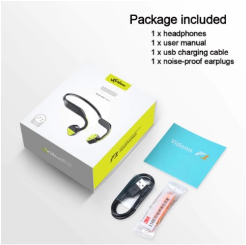 A box packaging for the vidonn f1 headset also containing a user manual, a micro-usb charging cable, and a pair of earplugs
