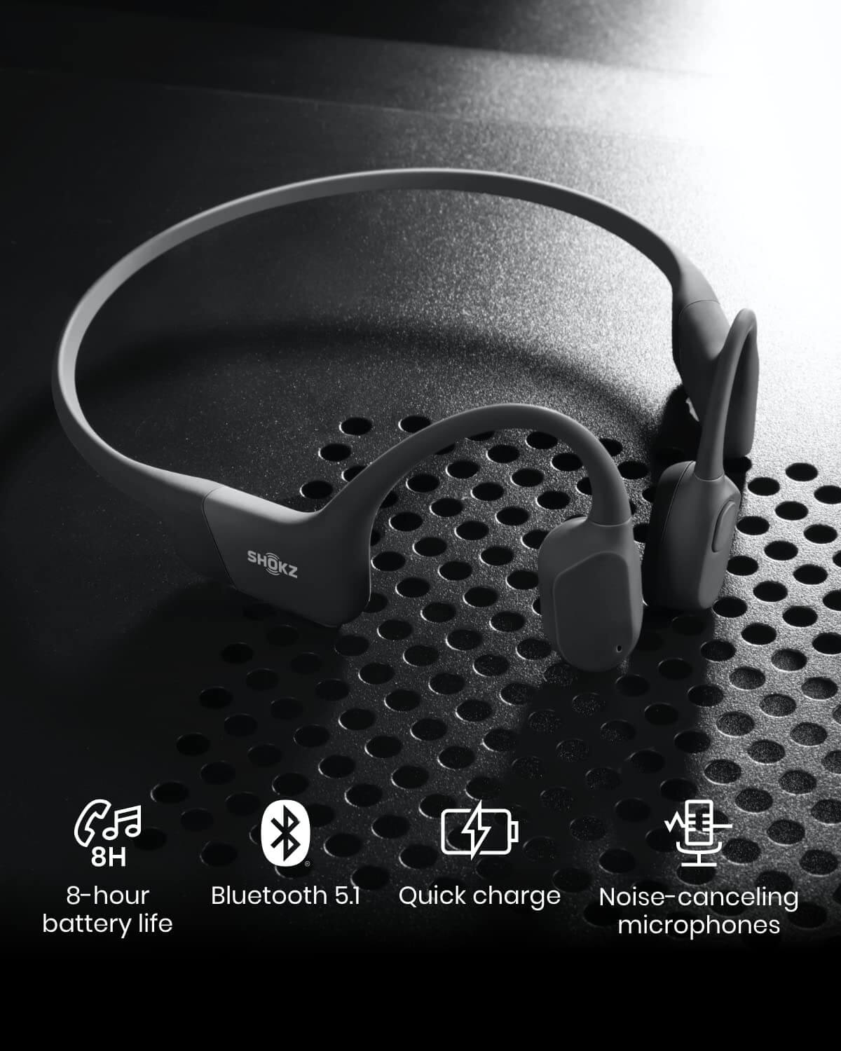 shokz openrun with 8hr battery life, quick charge, bluetooth 5.1, and noise-canceling microphones