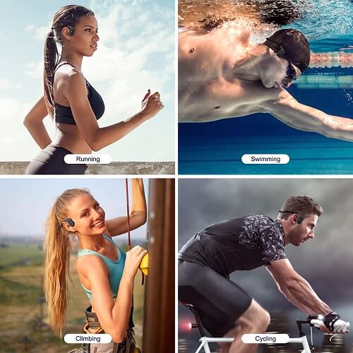 collage of various uses of bone conduction headphones, from running, swimming, climbing, and cycling