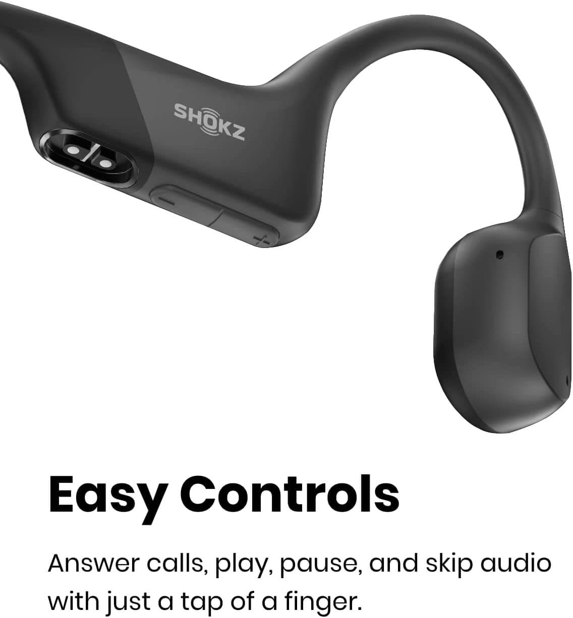 shokz openrun - showing control buttons and magnetic charging points