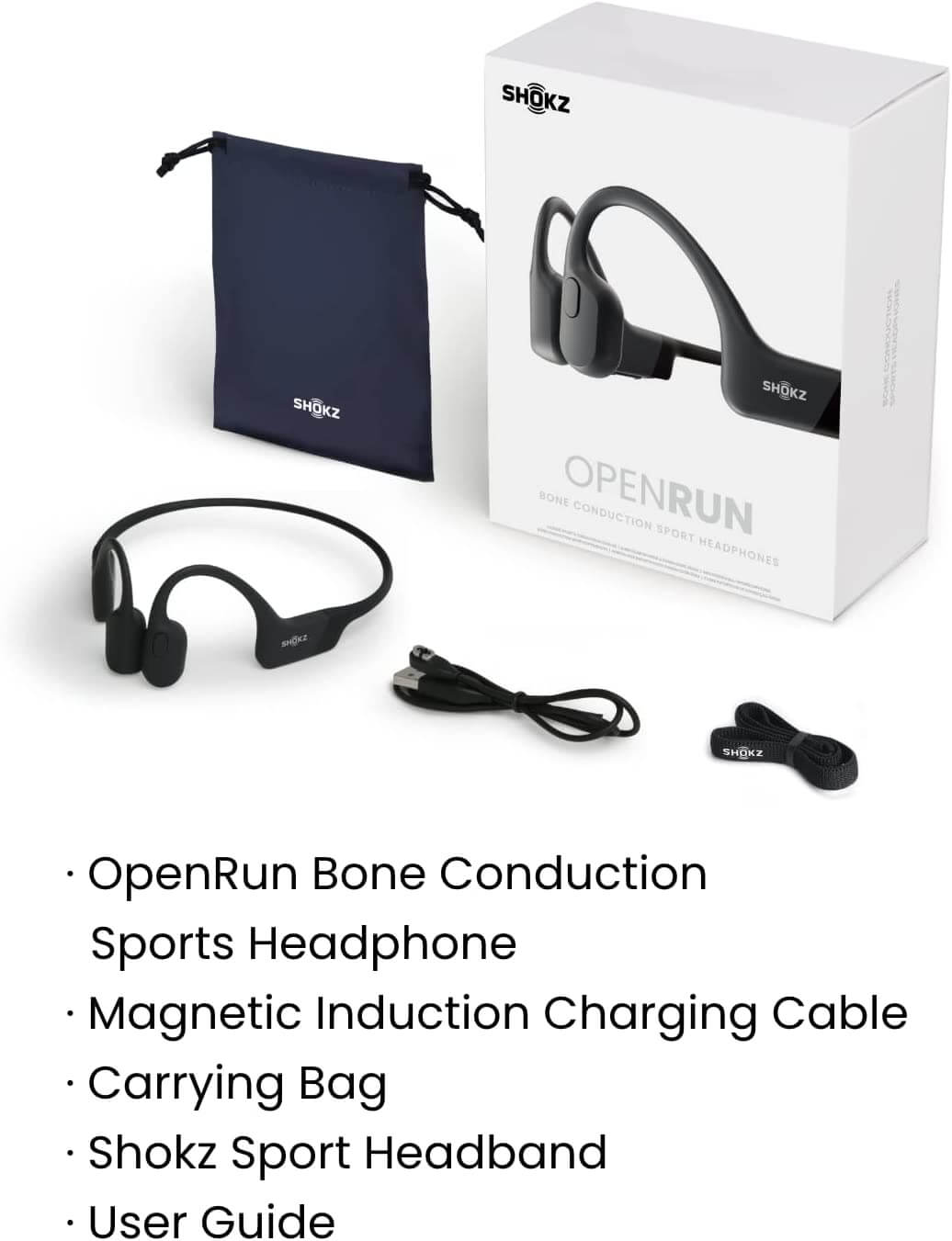 shokz openrun - what is in the box; openrun headphone, magnetic, charging cable, carrying bag, user guide and shokz headband
