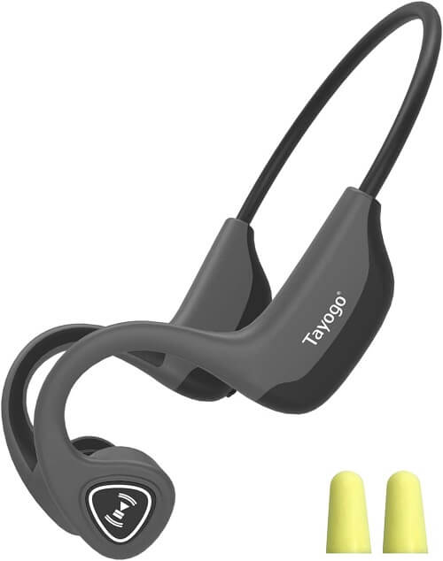 Close-up of the Tayogo S5 wireless bone conduction headphones with earplugs