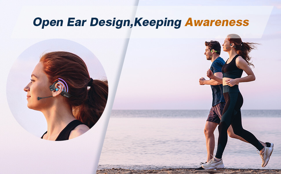 a man and a woman jogging along the beach front and listening to music through the open-ear 9 digital lite pro headphone