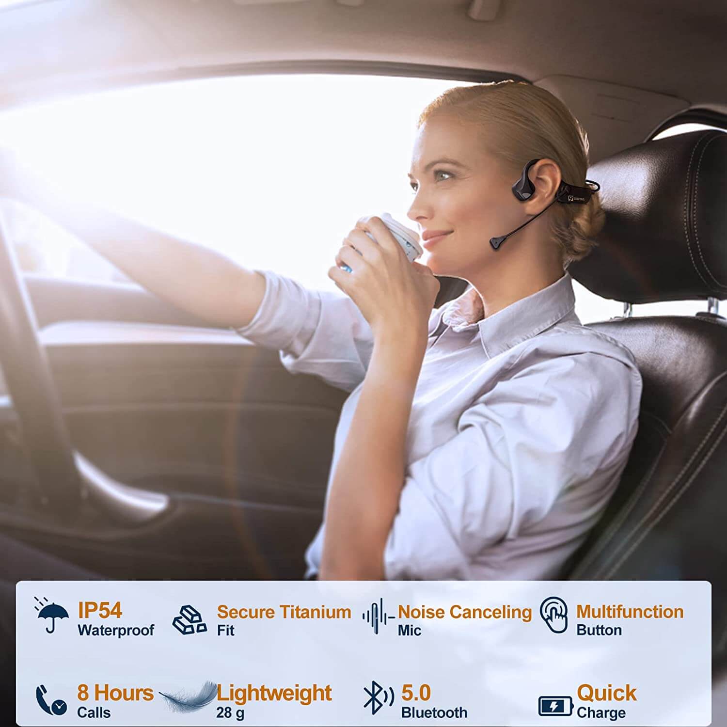 a woman wearing a t-shirt and driving a car and sipping some coffee, while making calls through the 9 digital lite pro headset