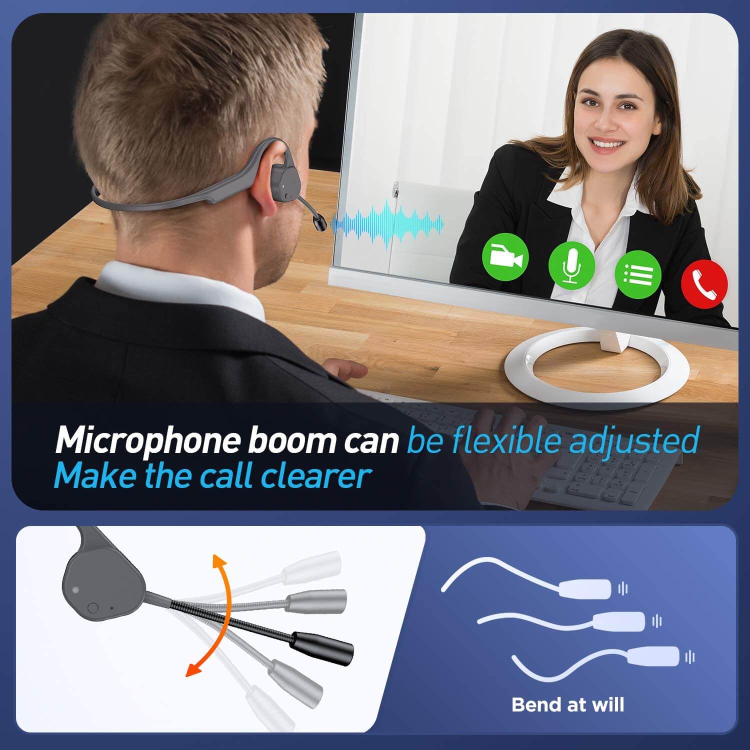 a online video call using the vidonn f3 headset, with a flexible and adjustable boom mic