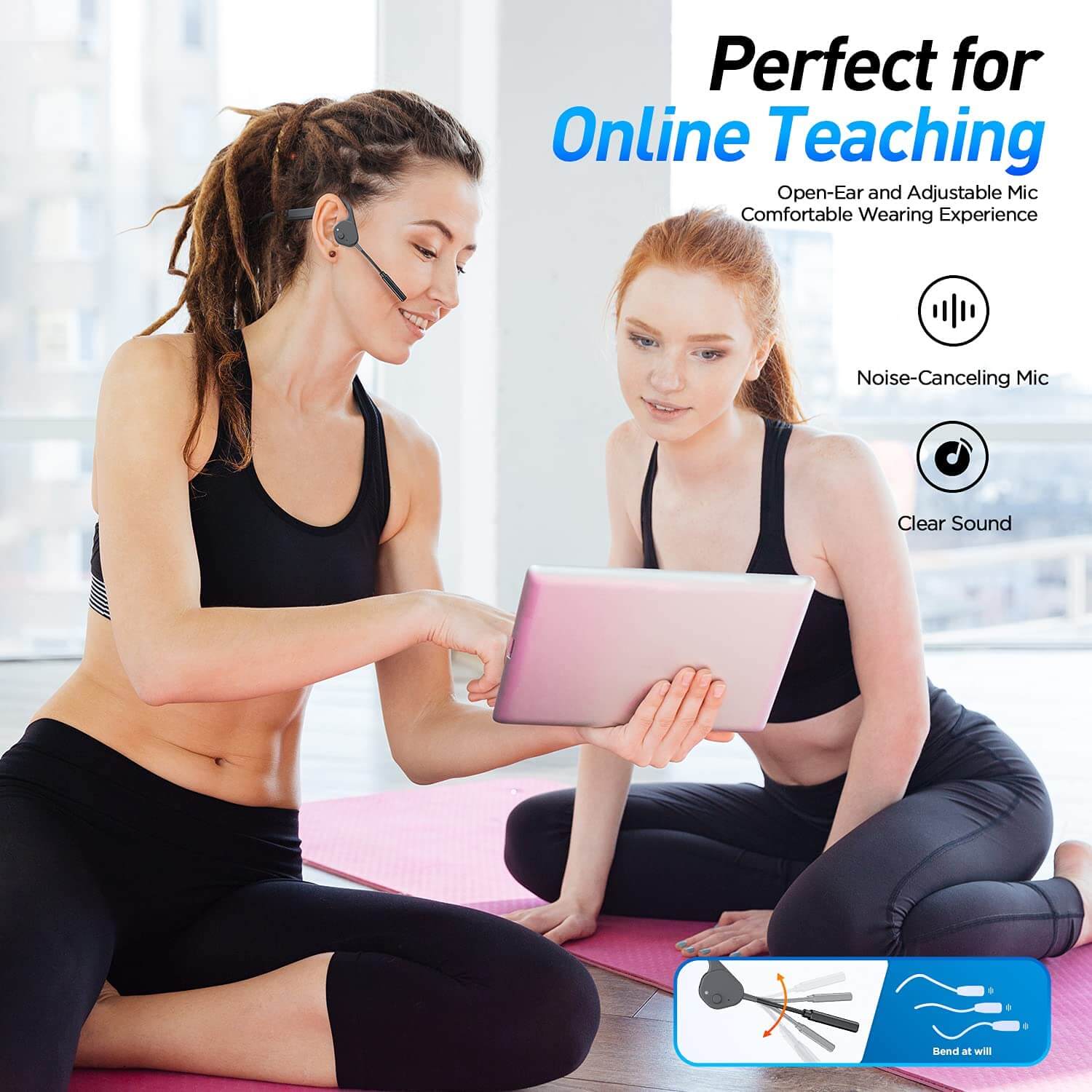 a female yoga instructor teaching her female student offline, as well as other students online using the her smart device and the vidonn f3 pro bone conduction headset