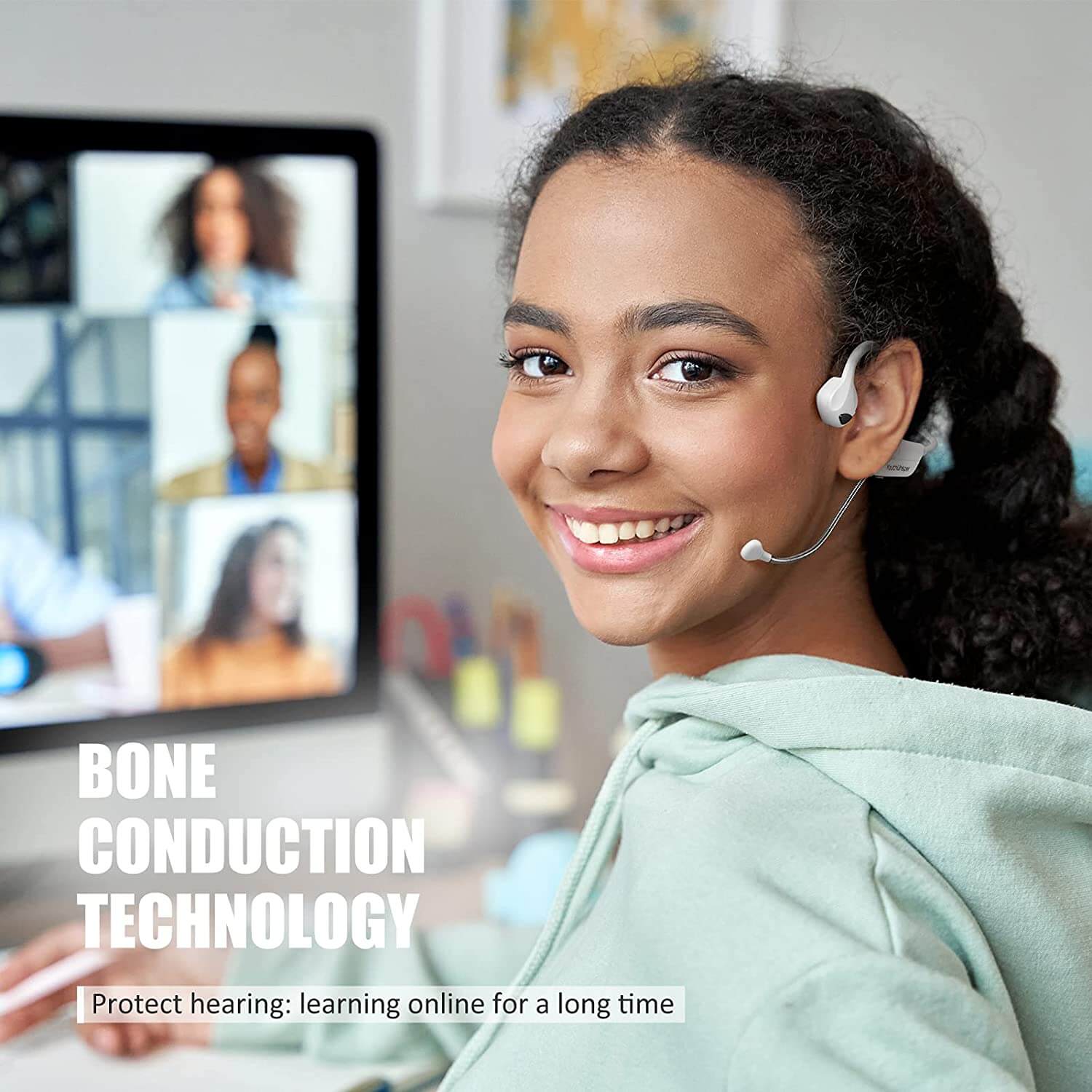 Individual having a video call with family using bone conduction headphones for clear communication