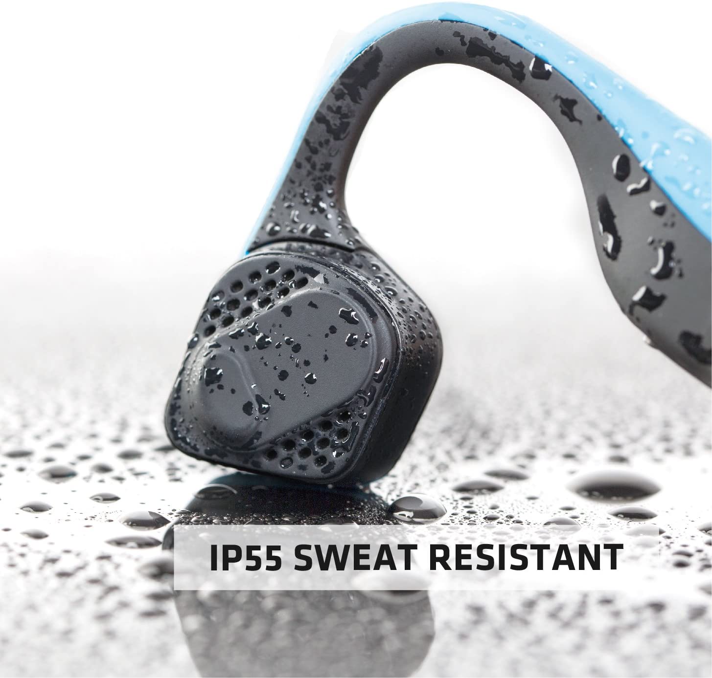 a part of the trekz titanium headphone showing it is sweat resistant with an IP55 rating