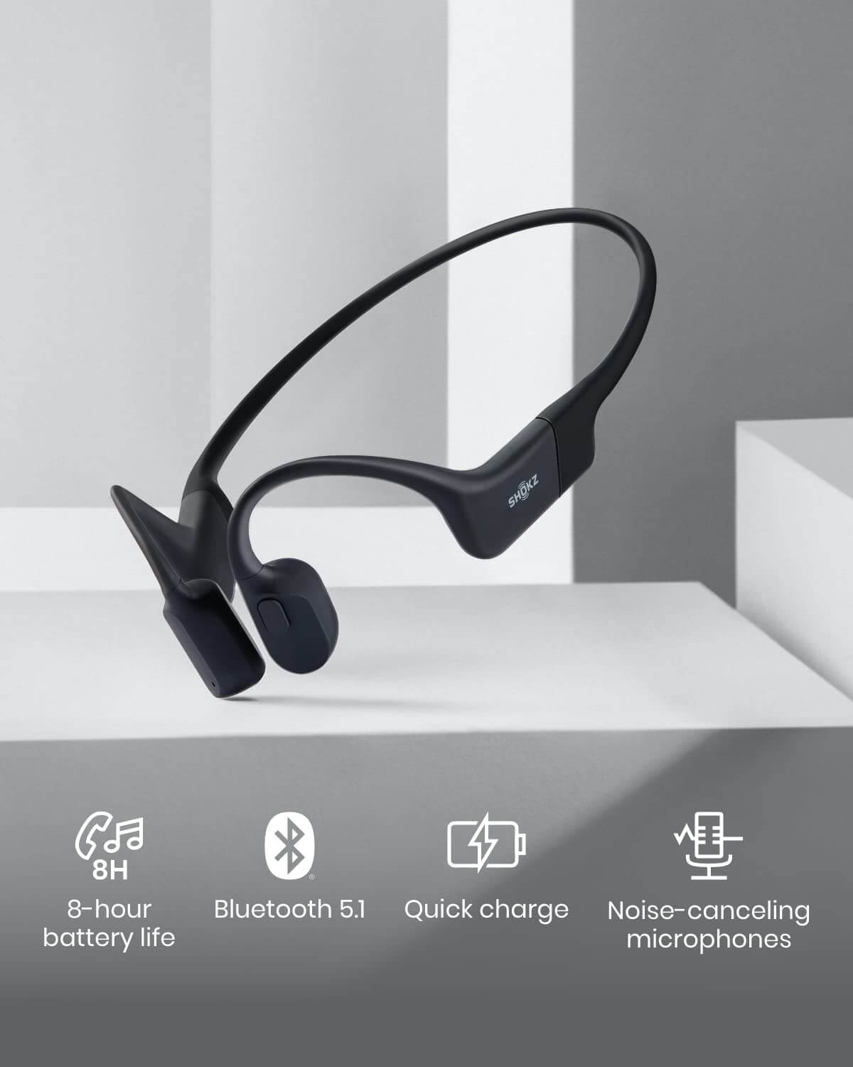 shokz openrun mini showing 8 hours of battery life, with quick charge, noise-canceling microphones, with wireless Bluetooth 5.1 support