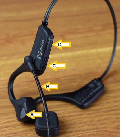an image showing the various parts of the 9 digital lite pro bone conduction wireless headphone. These parts include; the Noise-cancelling Boom Mic, the volume buttons, the multifunction button, and USB charging port.