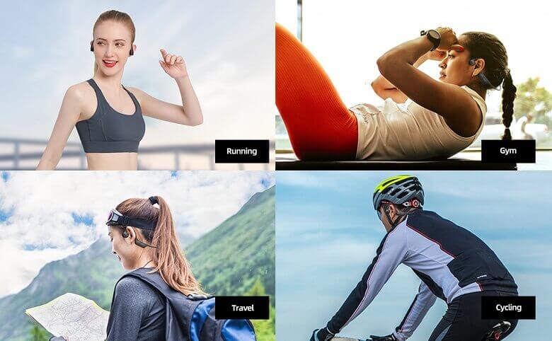 Collage of different uses of budget bone conduction headphones, from running, gym, traveling, cycling